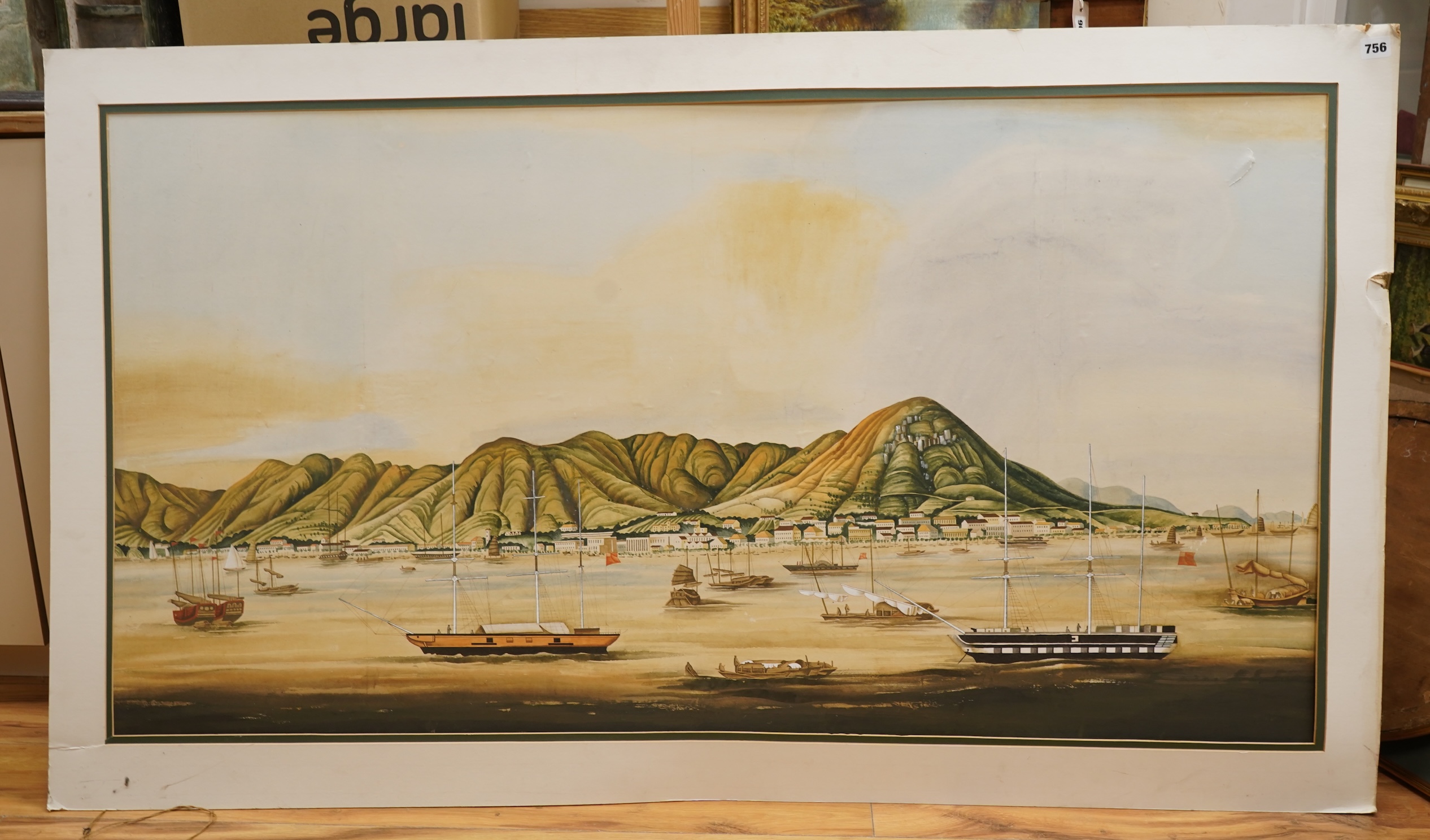 Chinese School, Harbour view with boats and junks, unsigned, gouache, mounted, unframed, 73 x 135cm